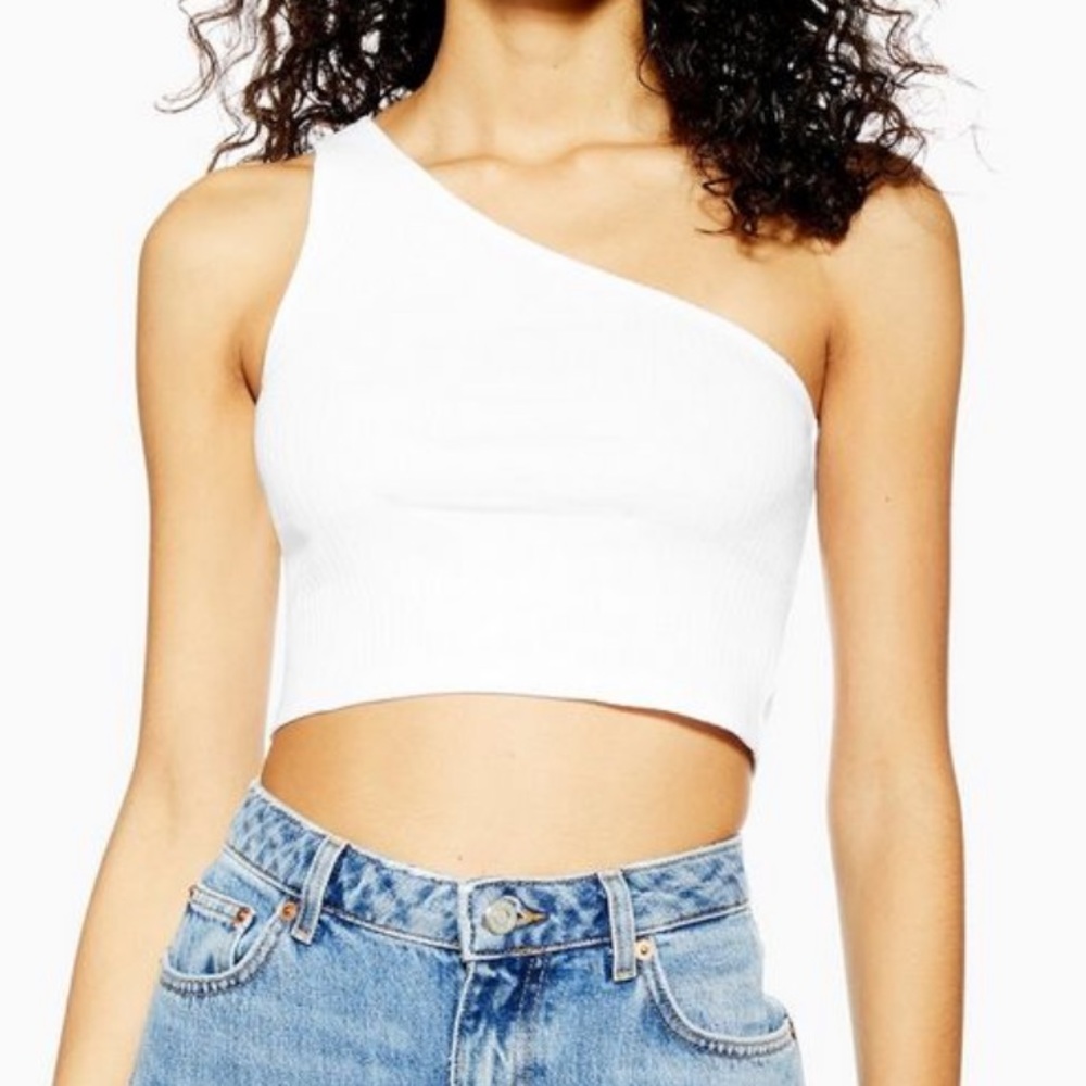 One Shoulder Ribbed Crop Top: White